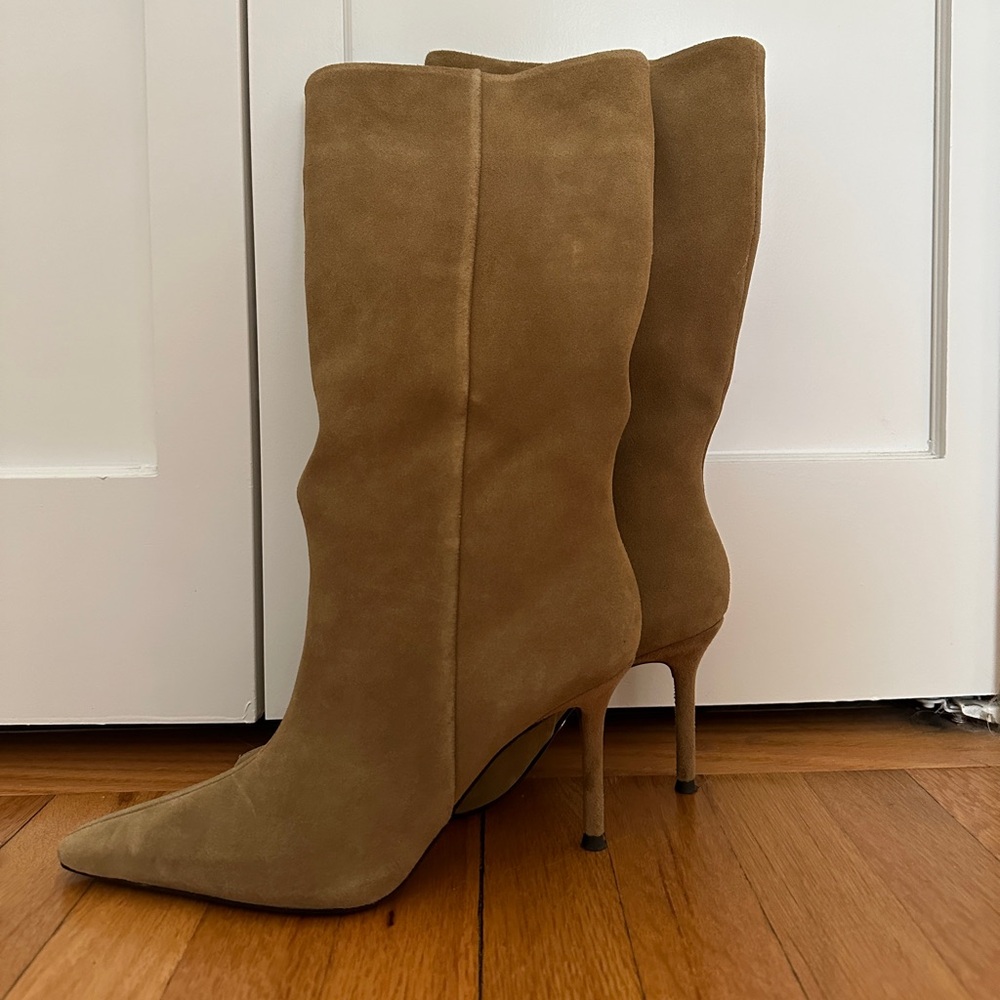 Zara Brown Suede Shin-Height Boots, Brown, Size 8.5/39